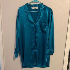 Vintage Victoria’s Secret Satin Sleep Shirt Teal Blue Green Button-up Medium